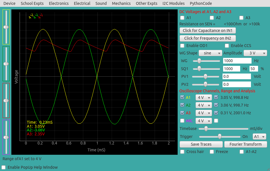 ExpEYES17: Full wave rectifier with a filter capacitor